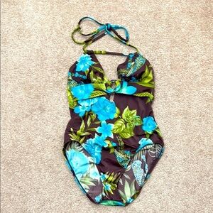 St. John Swim Halter Tie Blue and Green Tropical One Piece Swimsuit Size 4